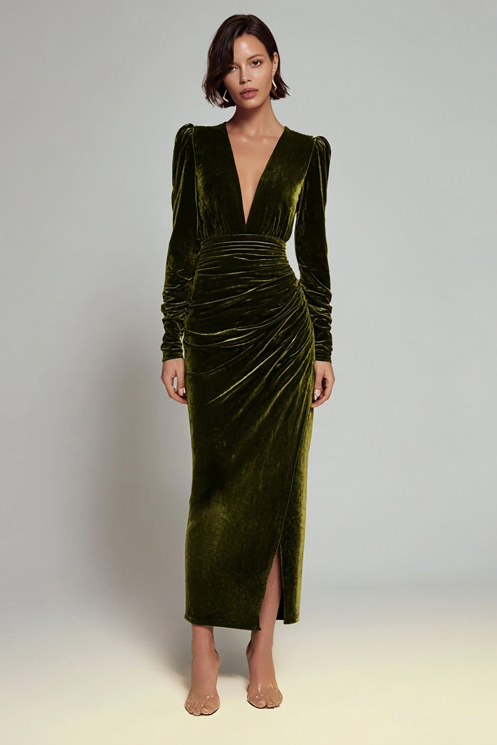 Olive Sheath Velvet Deep V-Neck Long Holiday Party Dress with Sleeves