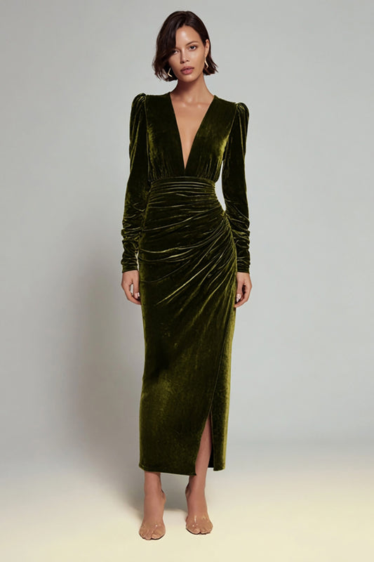 Olive Sheath Velvet Deep V-Neck Long Holiday Party Dress with Sleeves