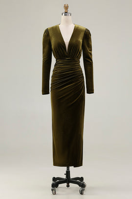 Olive Velvet Sheath Deep V-Neck Long Holiday Party Dress with Sleeves