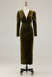 Olive Velvet Sheath Deep V-Neck Long Holiday Party Dress with Sleeves