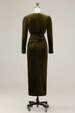 Olive Velvet Sheath Deep V-Neck Long Holiday Party Dress with Sleeves