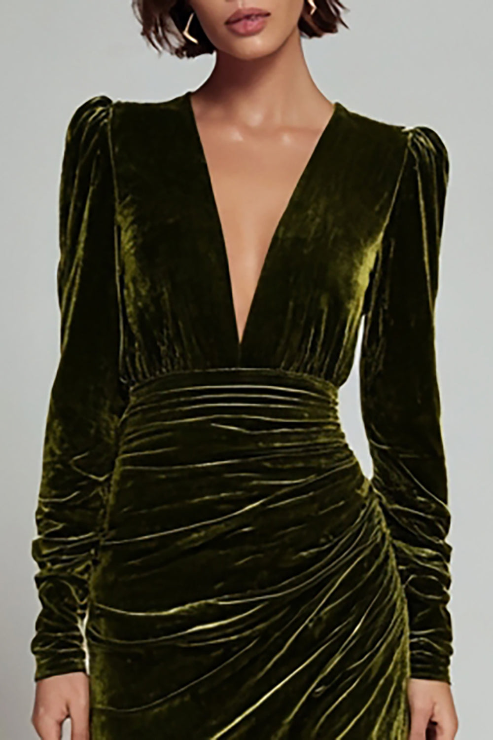 Olive Sheath Velvet Deep V-Neck Long Holiday Party Dress with Sleeves