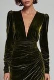 Olive Sheath Velvet Deep V-Neck Long Holiday Party Dress with Sleeves
