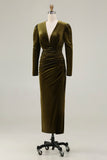Olive Velvet Sheath Deep V-Neck Long Holiday Party Dress with Sleeves