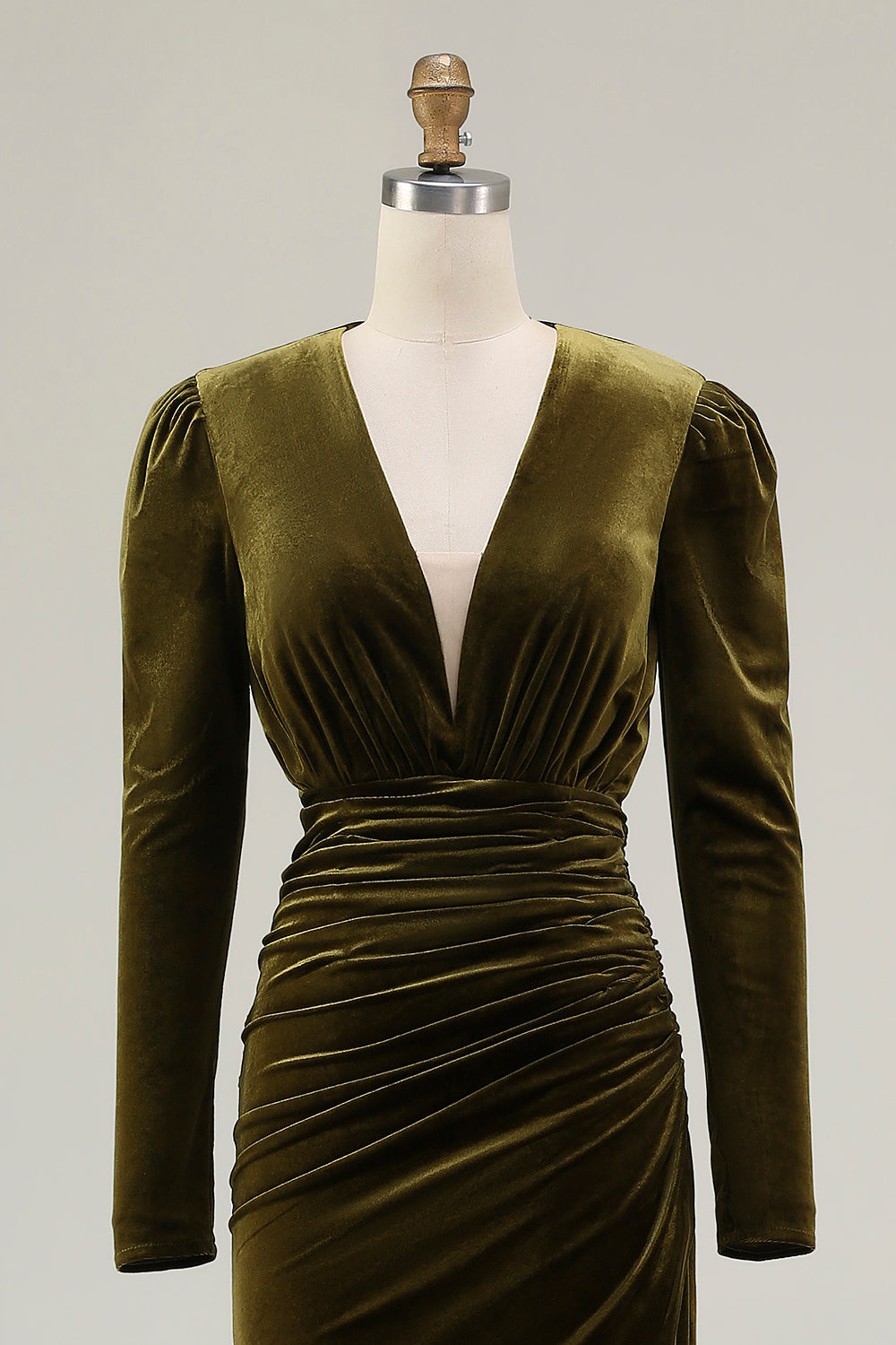 Olive Velvet Sheath Deep V-Neck Long Holiday Party Dress with Sleeves
