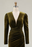 Olive Velvet Sheath Deep V-Neck Long Holiday Party Dress with Sleeves