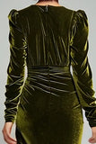 Olive Sheath Velvet Deep V-Neck Long Holiday Party Dress with Sleeves