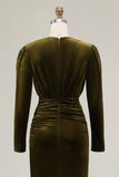 Olive Velvet Sheath Deep V-Neck Long Holiday Party Dress with Sleeves