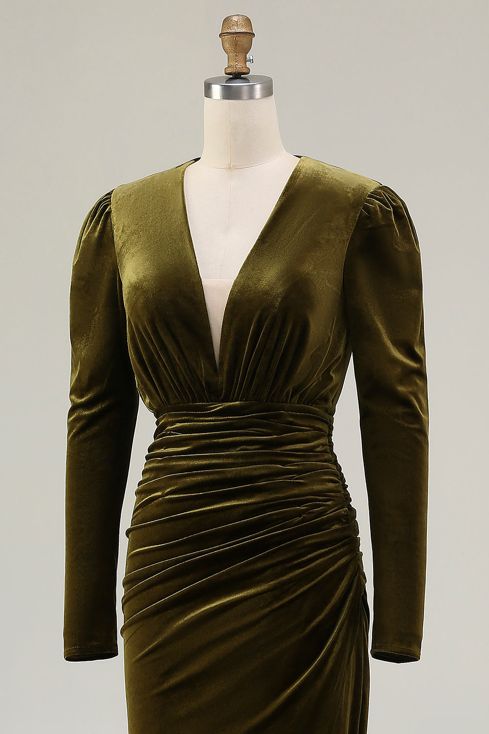 Olive Velvet Sheath Deep V-Neck Long Holiday Party Dress with Sleeves