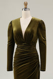 Olive Velvet Sheath Deep V-Neck Long Holiday Party Dress with Sleeves