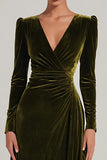 Olive Velvet A Line V-Neck Long Holiday Party Dress with Sleeves