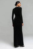 Sparkly Black Velvet Round Neck Long Holiday Party Dress with Sleeves