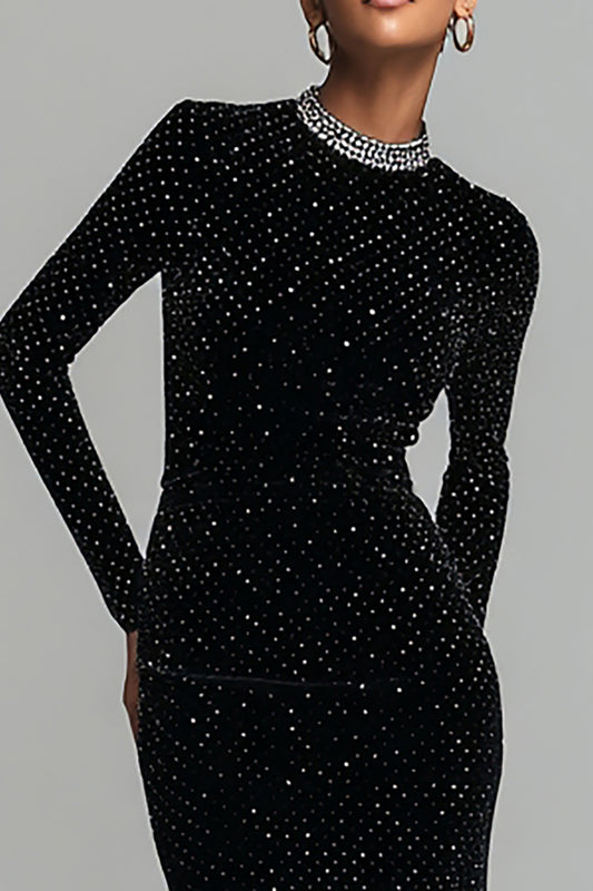 Sparkly Black Velvet Round Neck Long Holiday Party Dress with Sleeves