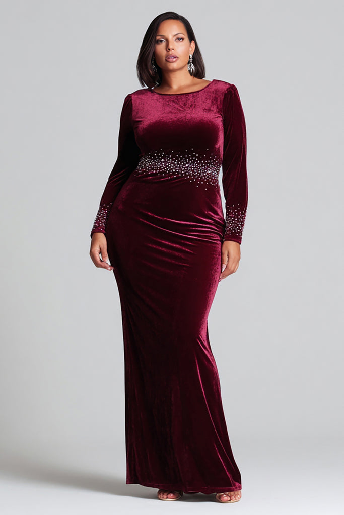 Zapakasa Women Plus Size Sparkly Burgundy Velvet Long Holiday Party