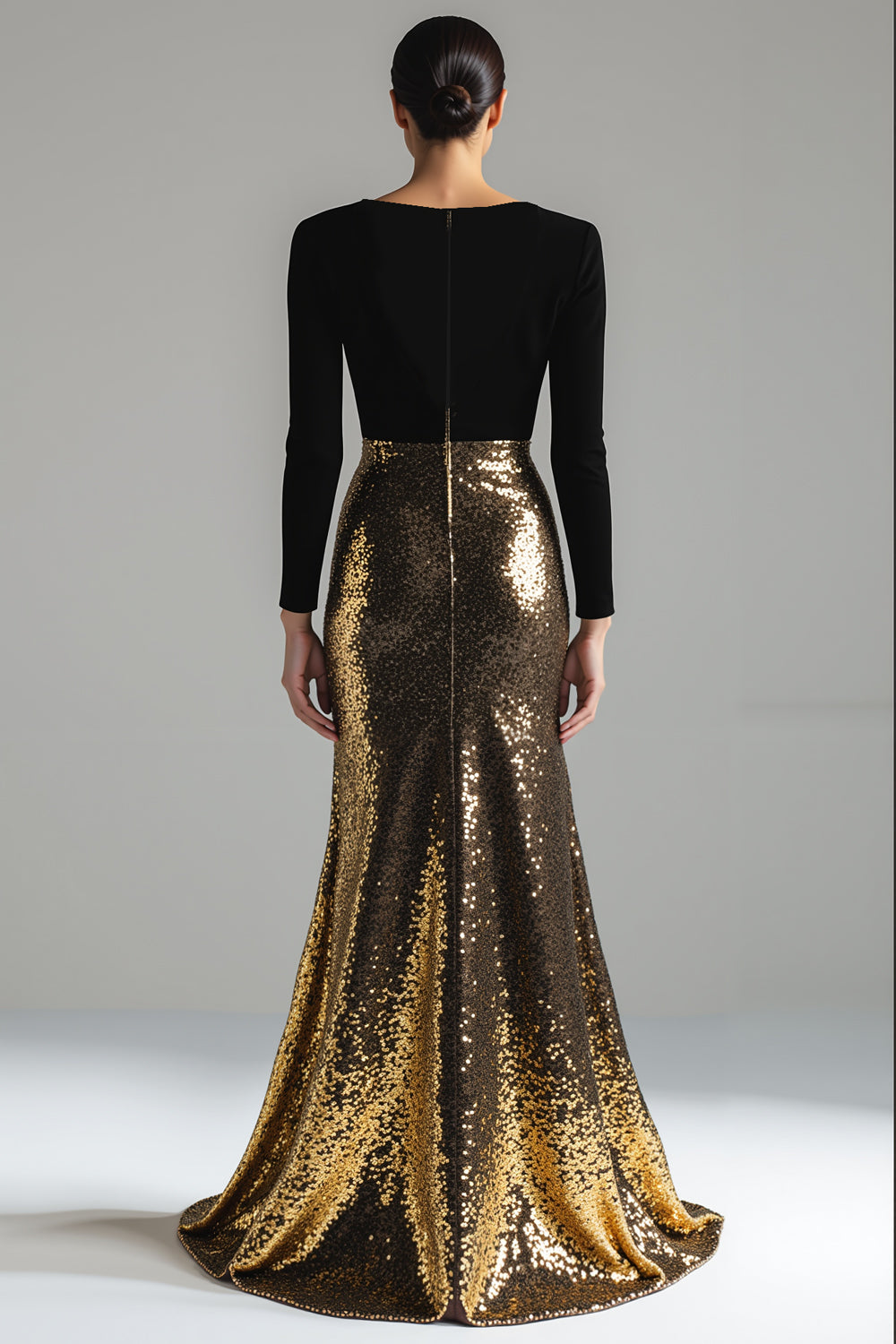 Sparkly Gold and Black Velvet V-Neck Long Holiday Party Dress with Sleeves