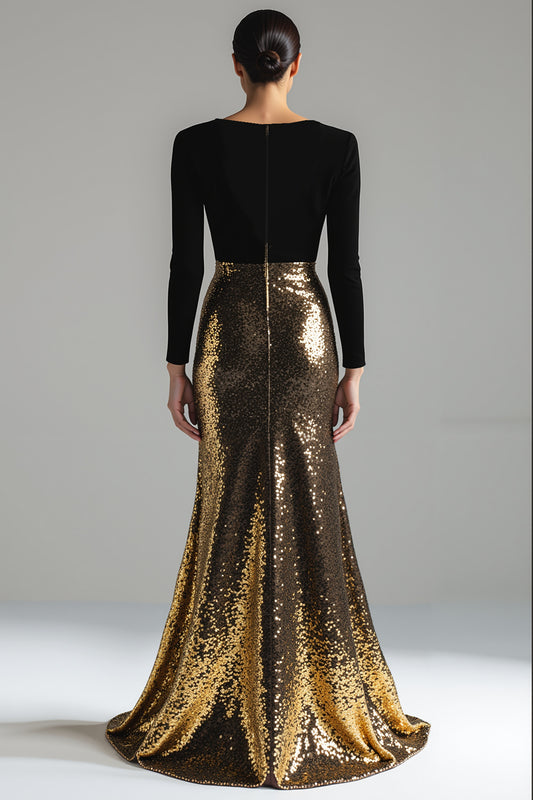 Sparkly Gold and Black Velvet V-Neck Long Holiday Party Dress with Sleeves