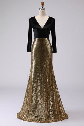 Sparkly Gold and Black Sequins V-Neck Long Sleeves Holiday Party Dress