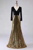 Sparkly Gold and Black Sequins V-Neck Long Sleeves Holiday Party Dress