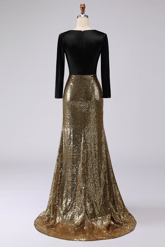 Sparkly Gold and Black Sequins V-Neck Long Sleeves Holiday Party Dress