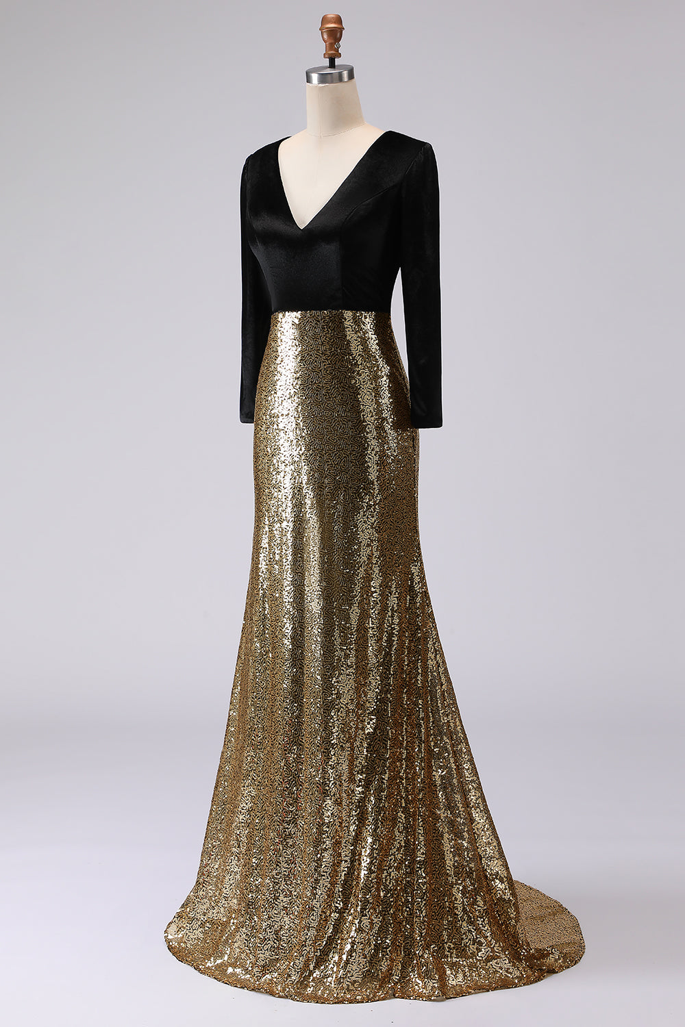 Sparkly Gold and Black Sequins V-Neck Long Sleeves Holiday Party Dress