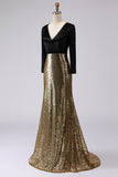 Sparkly Gold and Black Sequins V-Neck Long Sleeves Holiday Party Dress