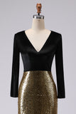Sparkly Gold and Black Sequins V-Neck Long Sleeves Holiday Party Dress
