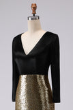 Sparkly Gold and Black Sequins V-Neck Long Sleeves Holiday Party Dress