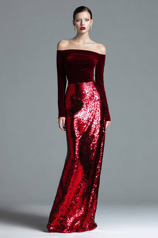 Sparkly Burgundy Velvet Long Off the Shoulder Holiday Party Dress with Sleeves
