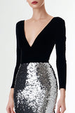Sparkly Black and Silver V-Neck Long Holiday Party Dress with Sleeves