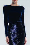 Sparkly Navy Bateau Neck Mermaid Long Holiday Party Dress with Sleeves
