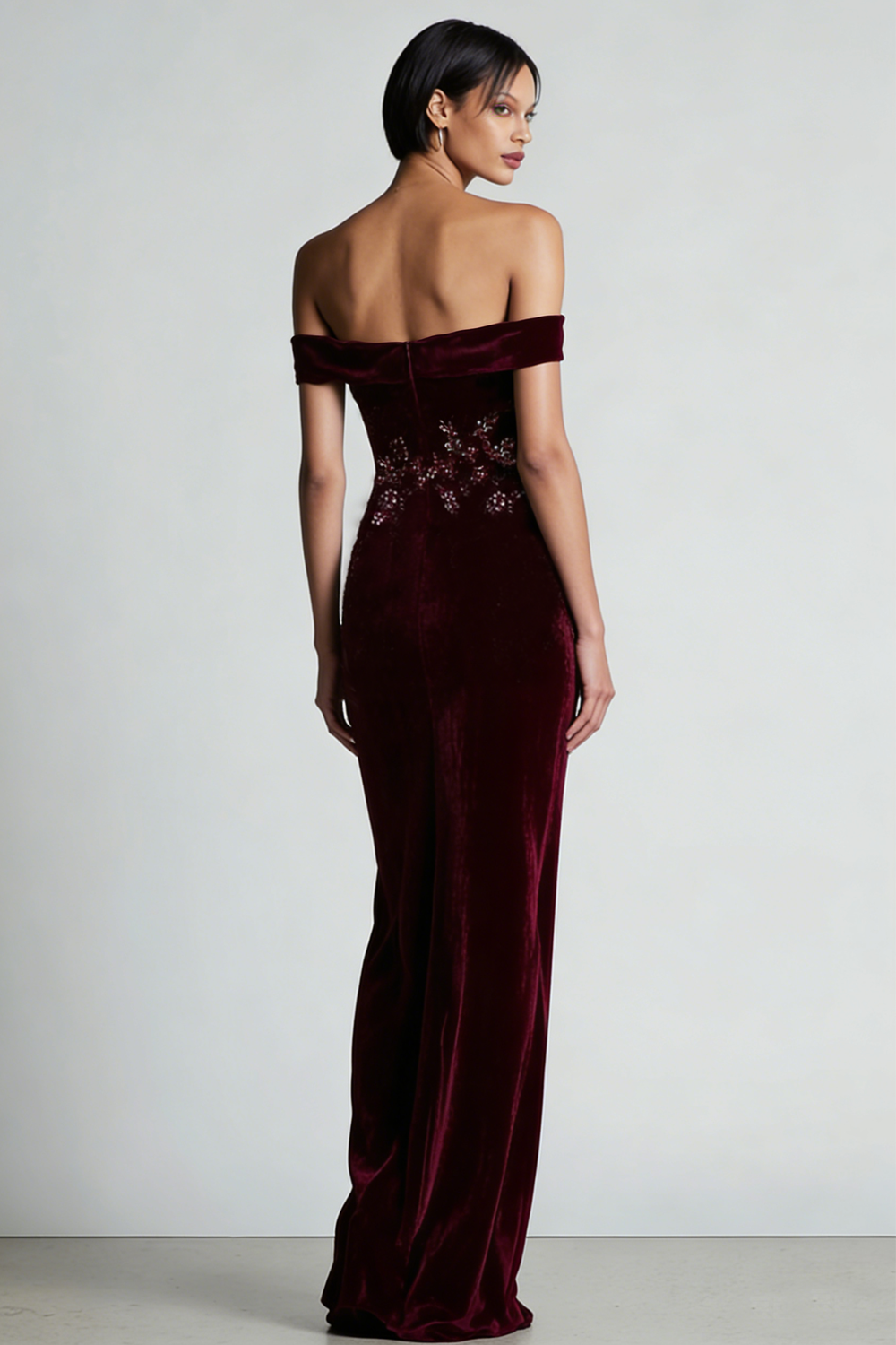 Burgundy Off the Shoulder Velvet Long Floral Holiday Party Dress