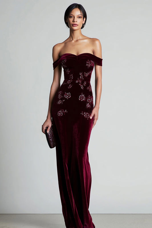 Burgundy Off the Shoulder Velvet Long Floral Holiday Party Dress