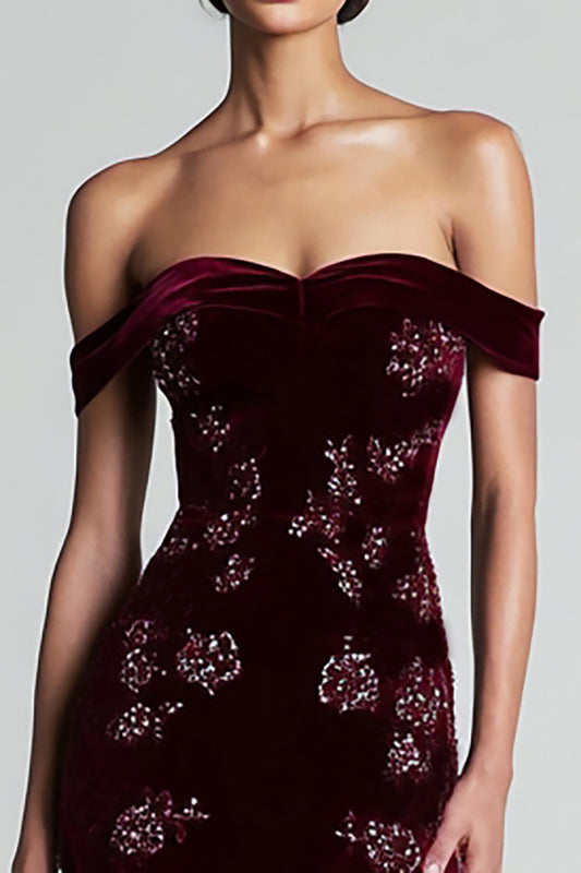 Burgundy Off the Shoulder Velvet Long Floral Holiday Party Dress