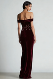 Burgundy Off the Shoulder Velvet Long Floral Holiday Party Dress