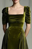 Olive A Line Velvet Square Neck Long Holiday Party Dress with Sleeves