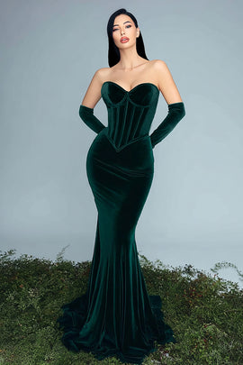 Dark Green Corset Velvet Mermaid Long Holiday Party Dress