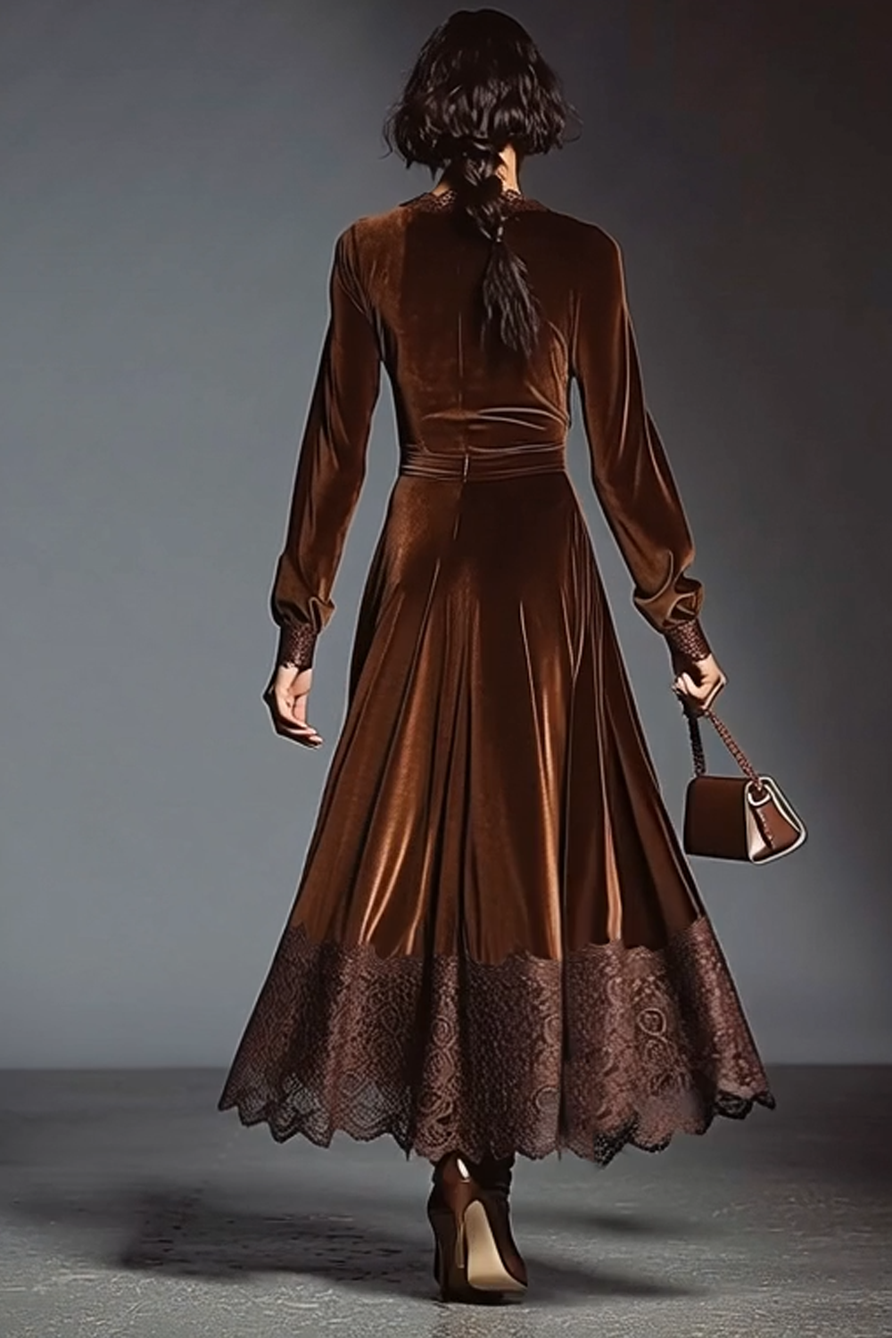 Coffee Velvet V-Neck Long Sleeves Holiday Party Dress with Lace