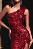 Sparkly Red One Shoulder Sequin Long Holiday Party Dress with Slit