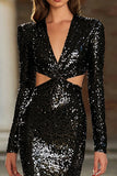 Sparkly Black V-Neck Cut Out Sequin Long Holiday Party Dress with Sleeves