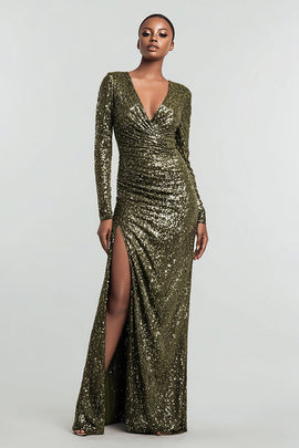 Sparkly Olive Sequin Long Sleeves Holiday Party Dress with Slit
