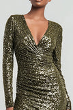 Sparkly Olive Sequin Long Sleeves Holiday Party Dress with Slit