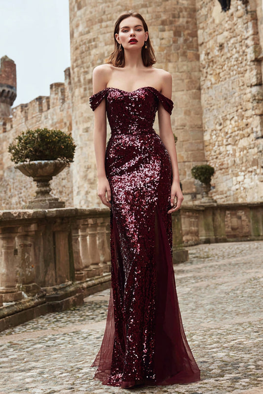 Sparkly Burgundy Off the Shoulder Mermaid Long Holiday Party Dress