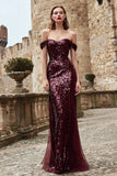 Sparkly Burgundy Off the Shoulder Mermaid Long Holiday Party Dress