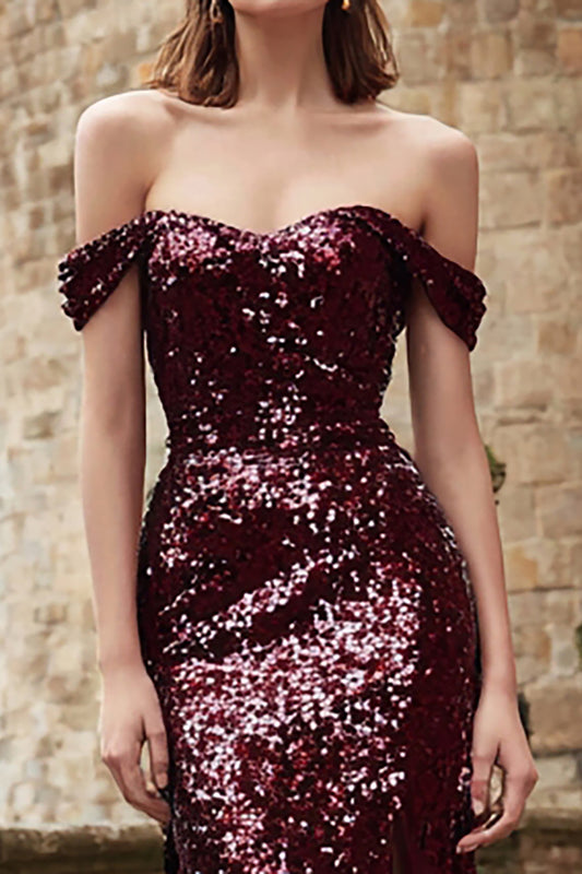 Sparkly Burgundy Off the Shoulder Mermaid Long Holiday Party Dress