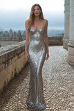 Sparkly Silver Spaghetti Straps Sequin Long Holiday Party Dress