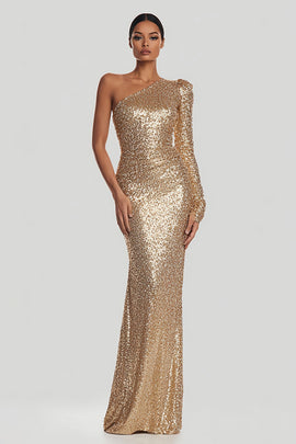 Sparkly Gold Sequin Mermaid Long Holiday Party Dress with Sleeves