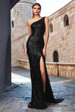 Sparkly Black Mermaid Sequin One Shoulder Long Holiday Party Dress