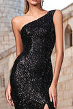 Sparkly Black Mermaid Sequin One Shoulder Long Holiday Party Dress