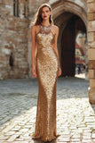 Sparkly Gold Cut Out Sequin Mermaid Long Holiday Party Dress