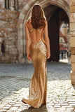 Sparkly Gold Cut Out Sequin Mermaid Long Holiday Party Dress